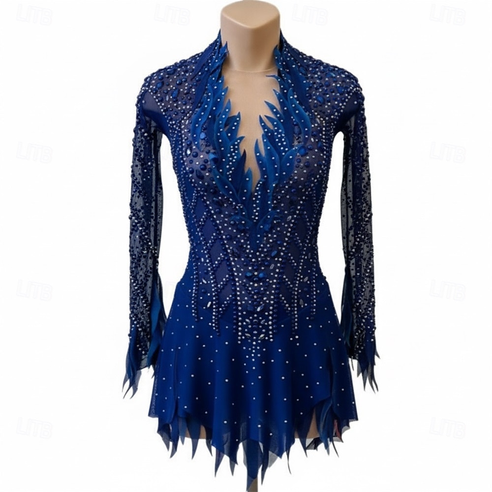 Vestido de patinaje artístico Mujer Patinaje Sobre Hielo Vestidos Azul marinero Retazos Espalda Abierta Elástico Entrenamiento Competición Ropa de Patinaje Clásico Cristal / Strass Manga Larga 2026 - $294.69 –P1