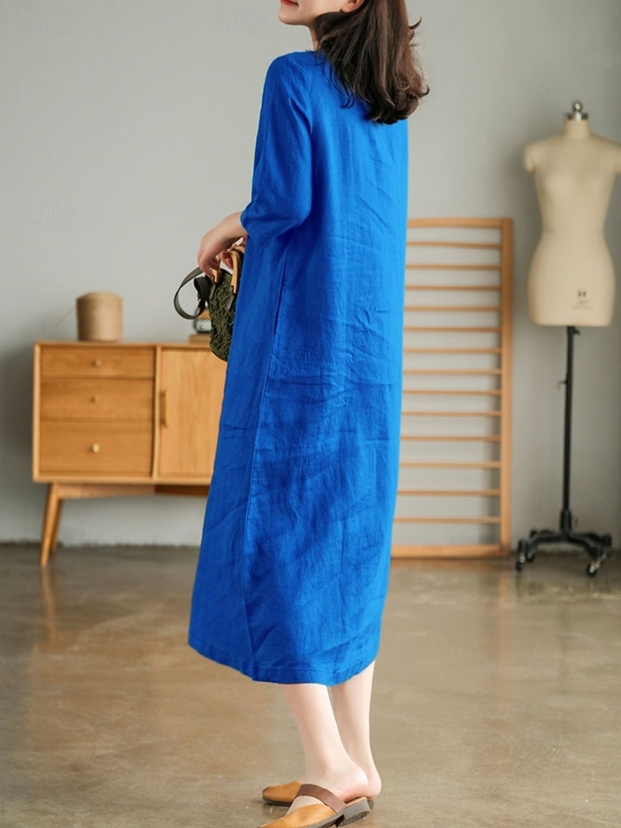 Per donna Abito Midi Abiti effetto lino Abito a Tubino Abito Estivo Casual Quotidiano Vestibilità comoda Semplice Manica 3/4 Scollo a V Blu Arancione Verde Beige Estate Autunno del 2026 a $32.99 –P8