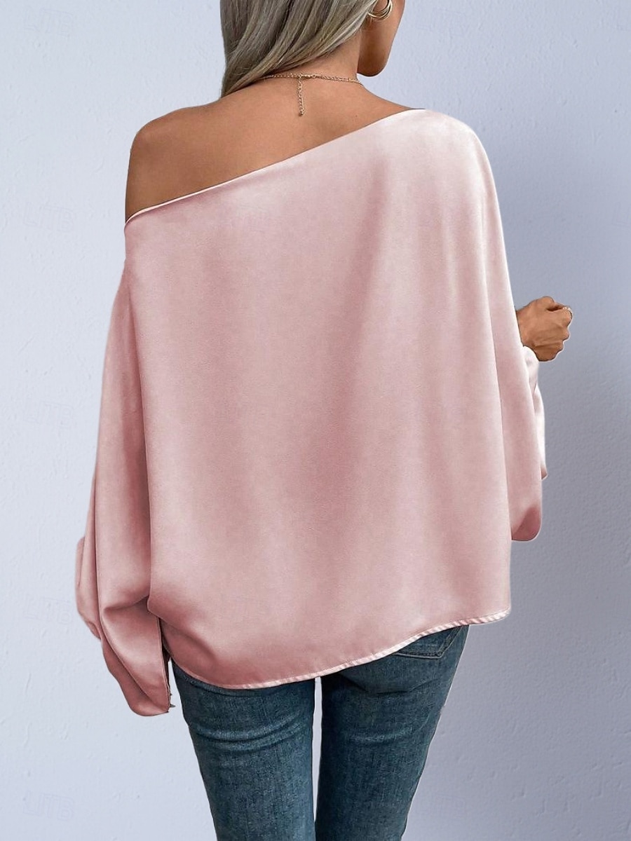 Dames Overhemd Satijnen overhemd Blouse Tops met blote schouders Effen Stijlvol Klassiek Modern Lange mouw Schouderafhangend Normale tops Dagelijks Feestdagen Uitgaan blauw Zwart Blozend Roze Rood 2026 - $27.99 –P5