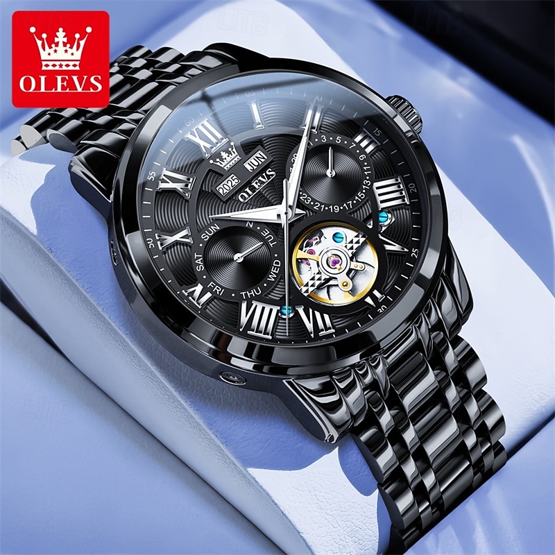 Новые мужские деловые часы Olevs с люминесцентным дисплеем, вечным календарем, календарем и отображением недели. Полностью механические часы с полым ротором для повседневного использования, 2026 - $97.99 –P4