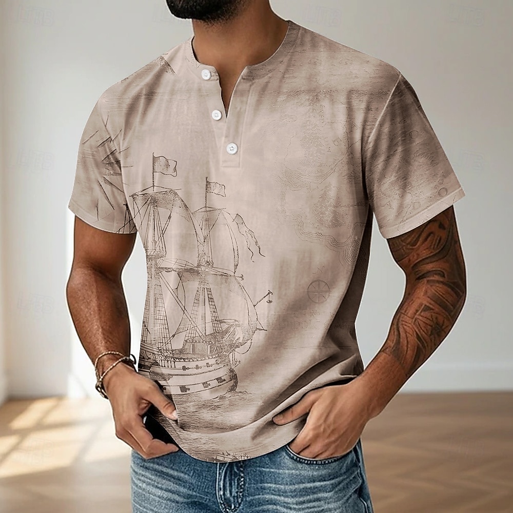 Herre Årgang T skjorte Henly-skjorte Kortermet Designer Retro / vintage Henley Avslappet Daglig Gate Sommer Vår Blå Grå Lilla Grønn Kakifarget Henley Henley T-skjorte 2026 - $18.99 –P4