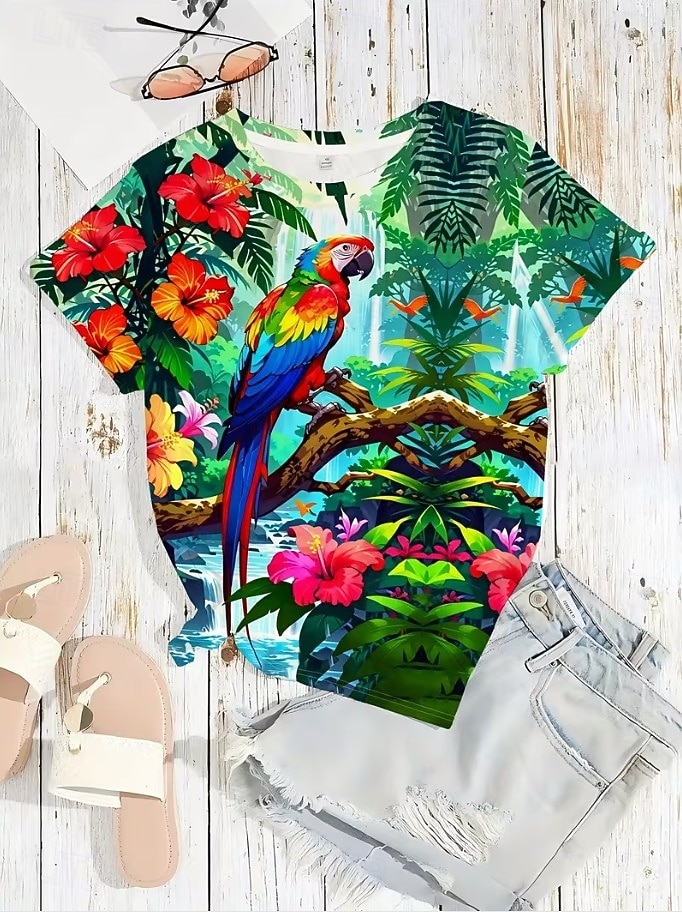 Women's T Shirt Print Graphic Animal Bird Vintage Stylish Classic Short Sleeve Crew Neck Regular Tops Daily Weekend Blue Green Summer Spring 2026 - $22.99 –P3