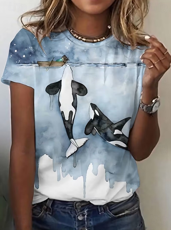 Mujer Camiseta Estampado Graphic Animal Vintage Elegante Clásico Manga Corta Cuello Barco Tops regulares Diario Fin de semana Azul Piscina Blanco Rosa Verano Primavera 2026 - $22.99 –P1