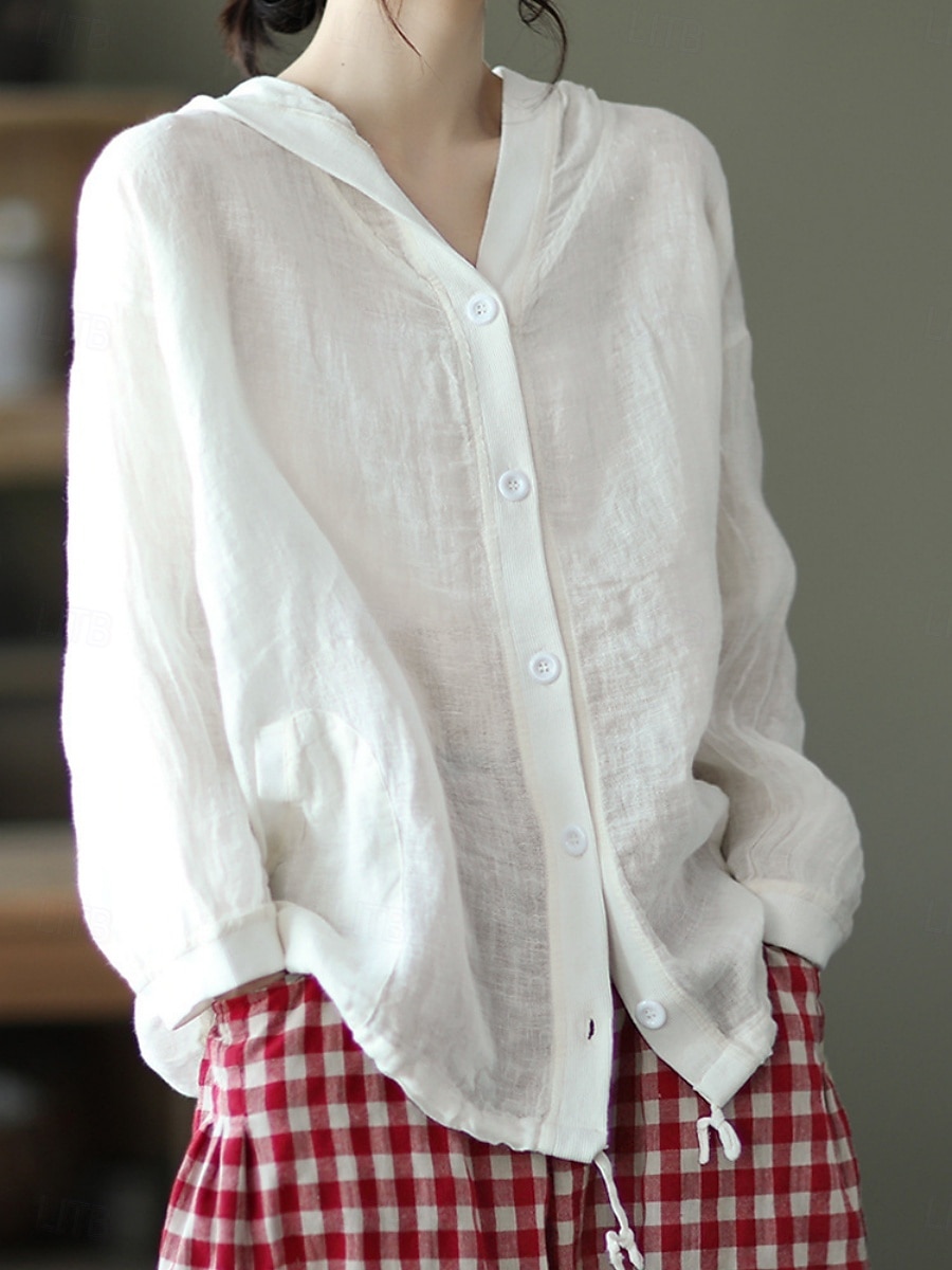 Femmes Chemises en coton et lin Boutons Couleur Unie ancien Basique Occasionnel manche longue À capuche Hauts Réguliers Quotidien Bleu Blanche Rouge Abricot Été Printemps Automne de 2026 ? $29.99 –P11