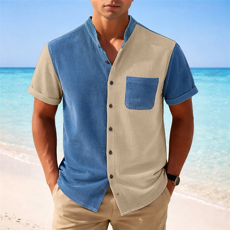 Men's Shirt Texture Casual Shirt Corduroy Shirt Button Up Shirt Blue Short Sleeve Plain Grandad Collar Casual Daily Front Pocket Clothing Apparel Elegant Fashion Casual 2026 - $26.99 –P1