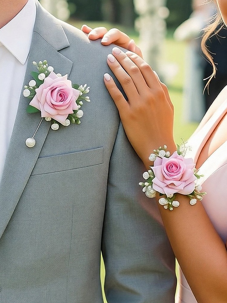 Women's Bridesmaid and Groomsman Corsage and Boutonniere Set, Available in Multiple Colors, Polyester Material, Perfect for Weddings and Parties 2026 - $11.99 –P1