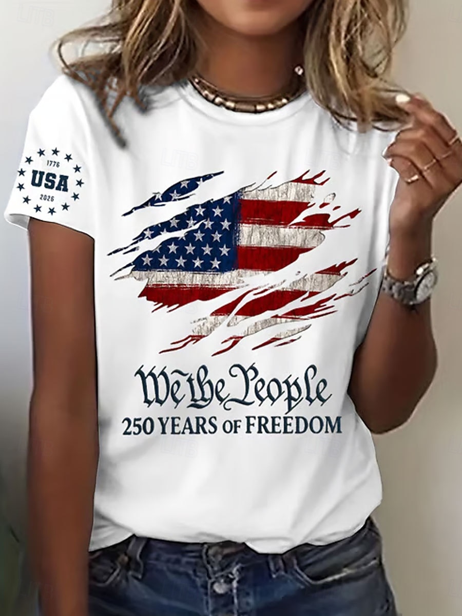 Dia da Independência Aniversário Americano Camiseta Patriótica Feminina Gráfica Bandeira Letra Vintage Moda Estilosa Manga Curta Gola Redonda Estampa Diária Final de Semana Azul Preta Branca Vermelha de 2026 por $22.99 –P1