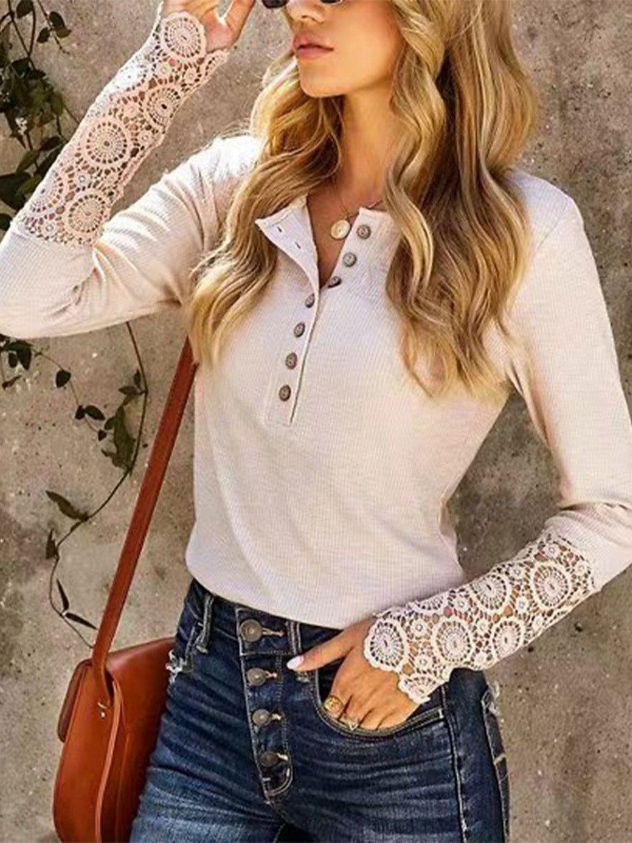 Per donna Camicia Blusa Top in pizzo Pizzo Bottoni Semplice Elegante Classico Moderno Manica Lunga Scollo a V Top Regolari Quotidiano Ferie Uscire Albicocca Estate Primavera del 2026 a $25.99 –P2