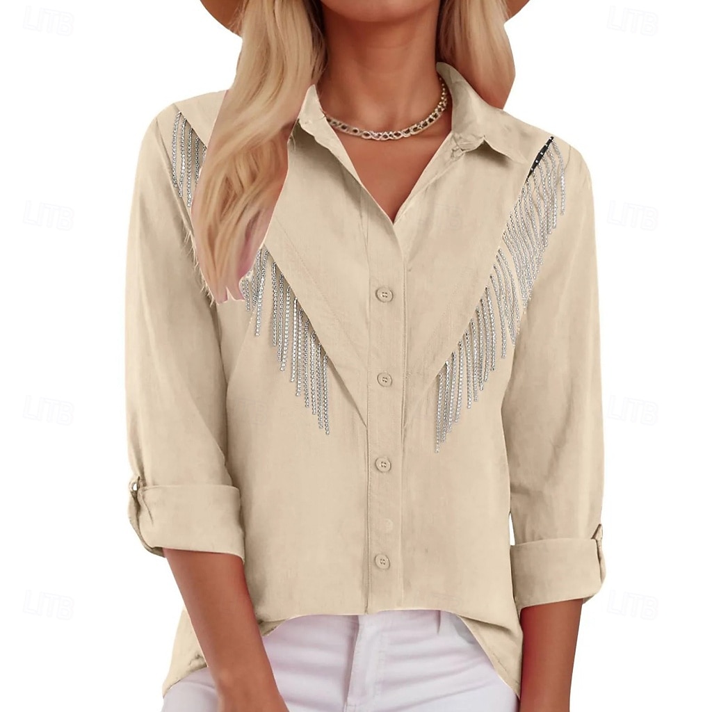 Damen Kleidhemd Knopfhemd Bluse Glitzer Knöpfe Strass Elegant Stilvoll Klassisch Langarm Umlegekragen Normale Oberteile Täglich Ferien Ausgehen Blau Schwarz Hellgrün Rosa Wein Sommer Frühling 2026 - $26.99 –P1