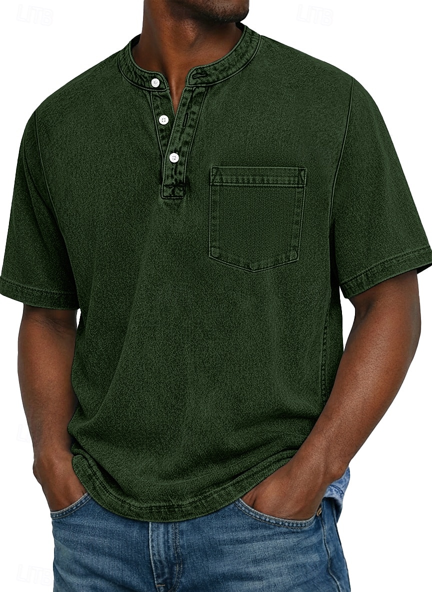 Herre Henly-skjorte 100% bomullssyre-vaskeskjorte T-skjorte T-skjorte Kortermet Ensfarget Retro / vintage Fritid Lomme Gammeldags stil Vasket Henley Avslappet Sommer Vår Høst Svart Rosa Lysegrønn 2026 - $31.99 –P10