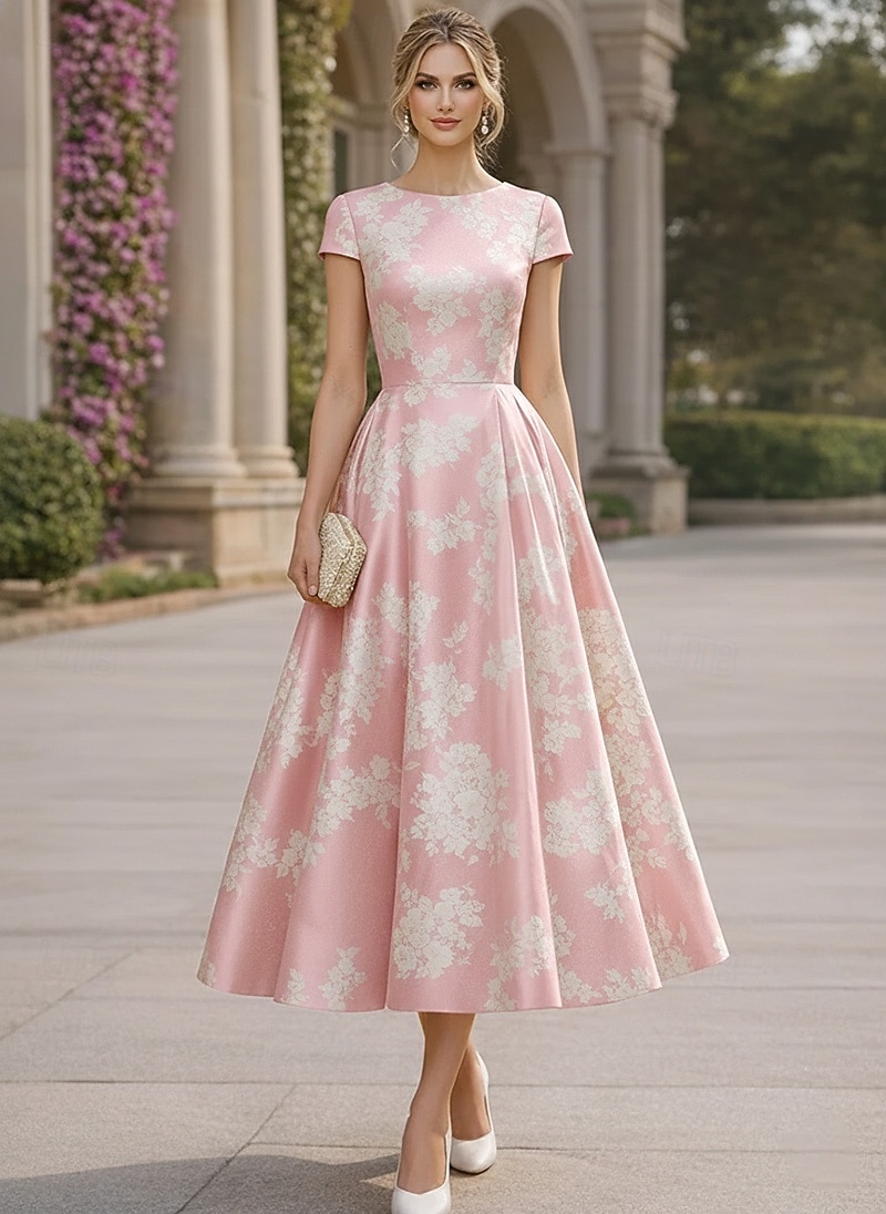 A-Line Tea Length Cocktail Dresses Wedding Guest Dresses Elegant Short Sleeve Boat Neck Garden Party Formal Satin Lace with Floral Print Pleats Ruched 2026 - $194.99 –P5