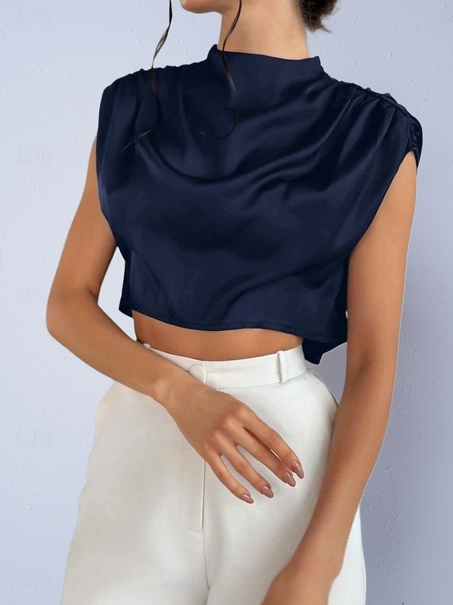 Damen Hemd Satinhemd Bluse Wickel-Crop-Top Gerafft Einfach Vintage Stilvoll Klassisch Kurzarm Hoher Ausschnitt Crop Tops Täglich Ferien Ausgehen Schwarz Weiß Marineblau Braun Grün Frühling Herbst 2026 - $22.99 –P15