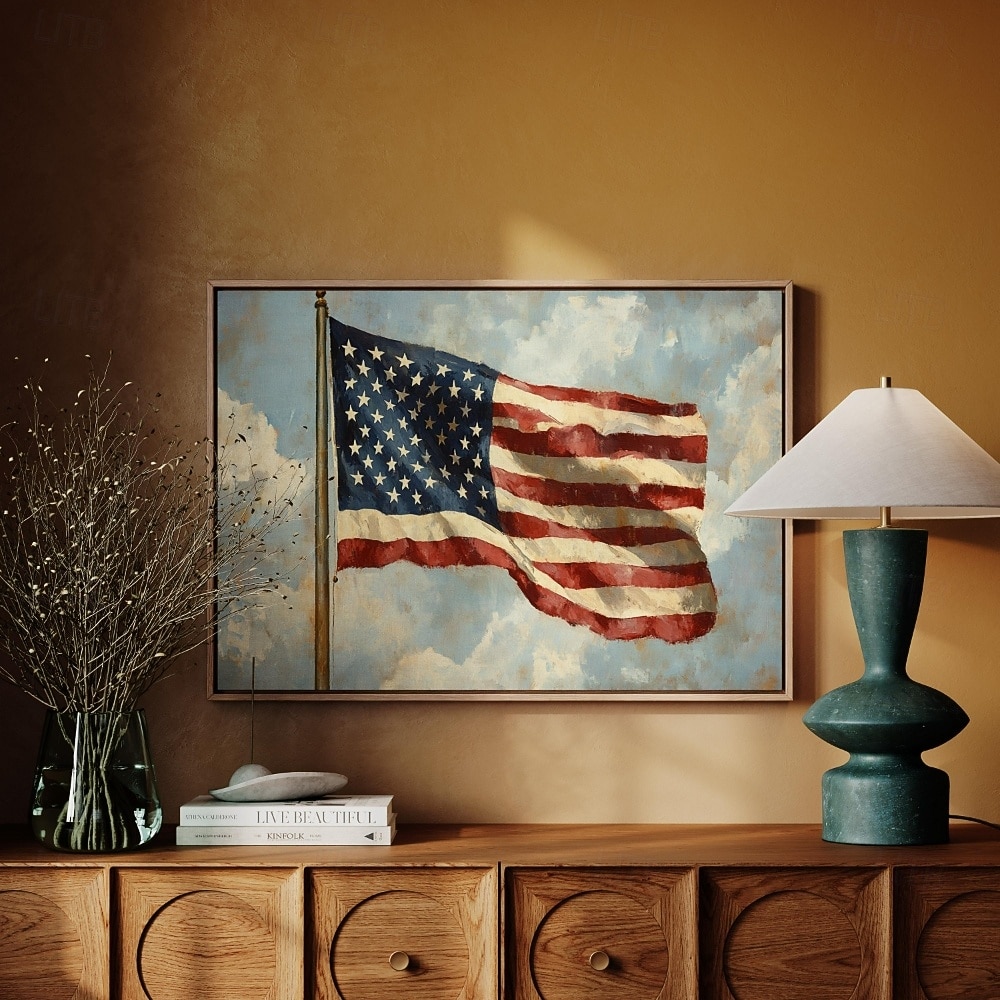 Arte en lienzo de la bandera estadounidense | Pintura patriótica de estrellas y franjas de EE.UU. con pinceladas rústicas | Decoración militar para el 4 de julio 2026 - $12.99 –P1