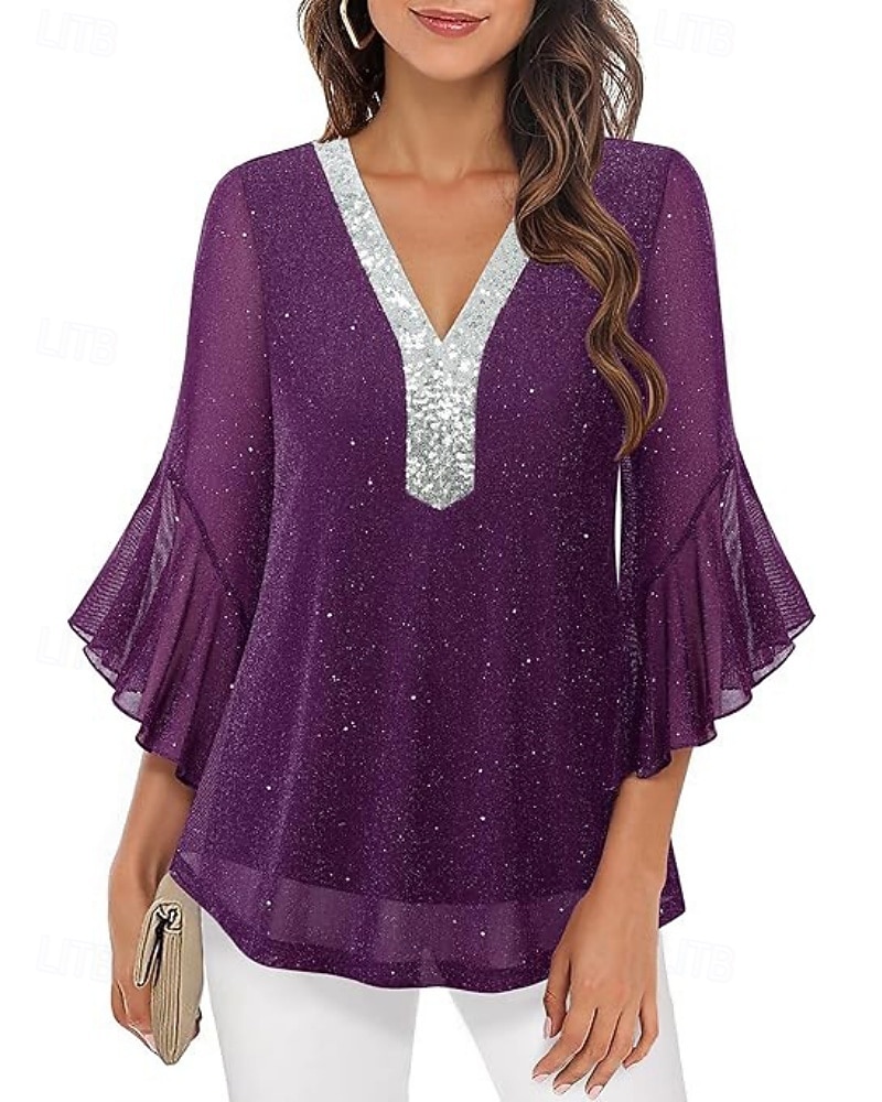 Mulheres Blusa Tops de lantejoulas Patchwork Bloco de cor à moda Moderno Manga 3/4 Sino Decote V Tops regulares Diário Feriado Para Noite Azul Preto Vermelho Verde Verão Primavera de 2026 por $31.99 –P19