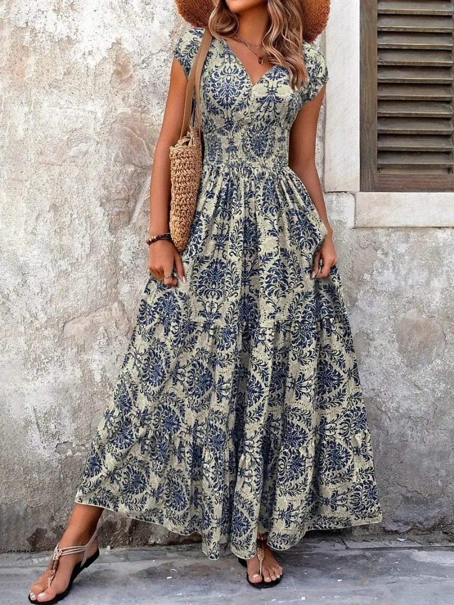 Per donna Abito lungo maxi Abito Lungo Maxi Abito Abito da Spiaggia Abito Floreale Abito Boho Elegante Moda Moderno Quotidiano All'aperto Vacanza Vestibilità regolare Floreale Manica Corta Scollo a V del 2026 a $22.99 –P3