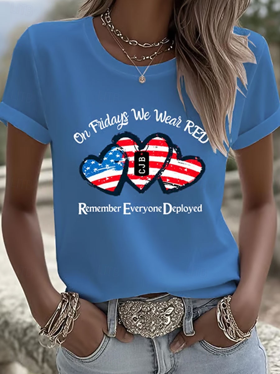 Camiseta Patriótica do Dia da Independência para Mulheres com Gráficos de Letra Vintage Estilosa Clássica de Manga Curta Decote Redondo Tops Regulares Diários de Fim de Semana Impressão Azul Branco de 2026 por $22.99 –P3
