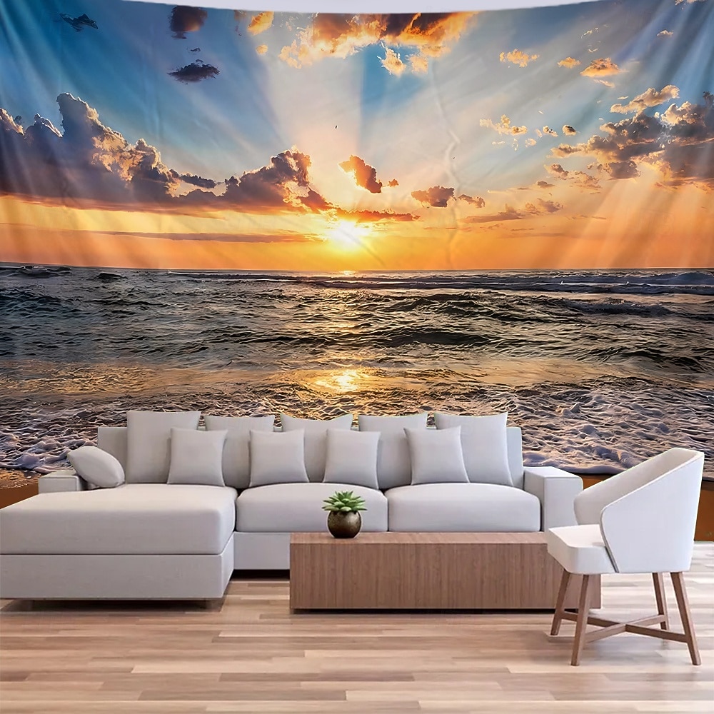 solnedgang strand billedteppe veggteppe hav sjøbølger solstråler natur landskap veggkunst til stue yogarom meditasjonsrom dekor 2026 - $16.99 –P3