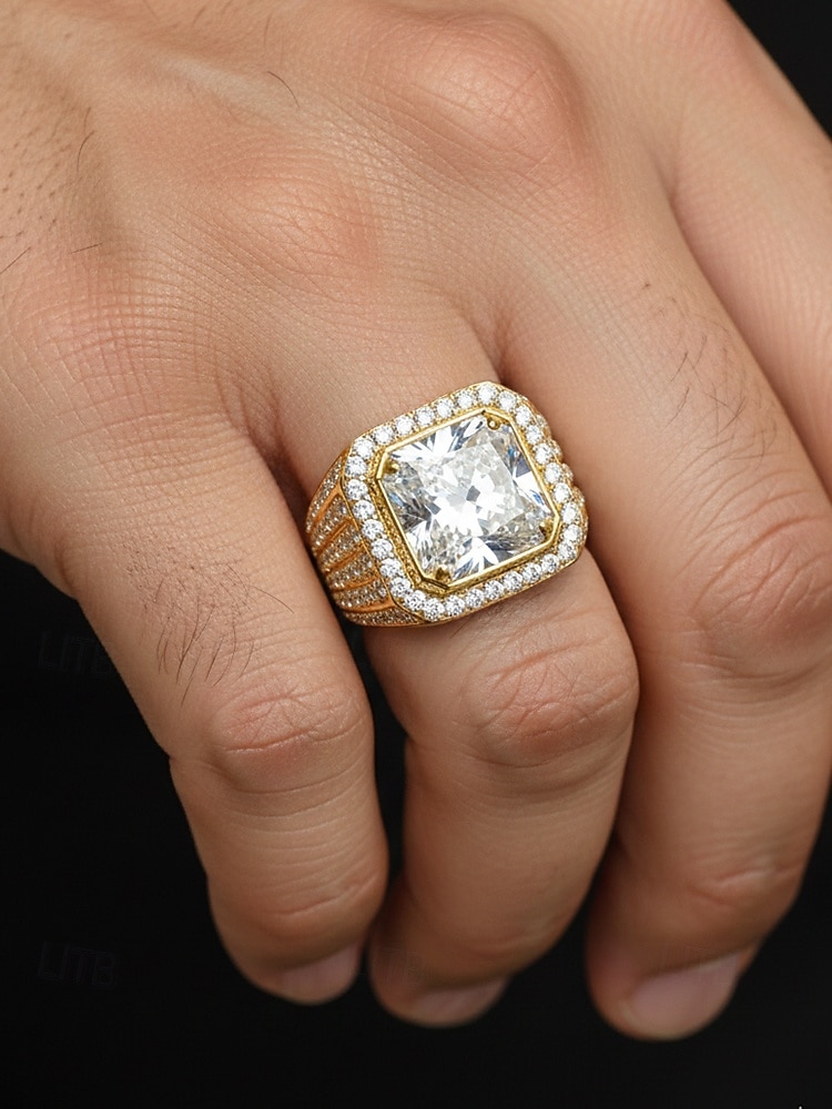 טבעת סגסוגת מצופה זהב/כסף לגברים עם זירקוניה מרובעת גדולה, משובצת ביהלומים קטנים, מושלמת ליום האהבה, חתונות ומתנות 2026 - $9.99 –P1