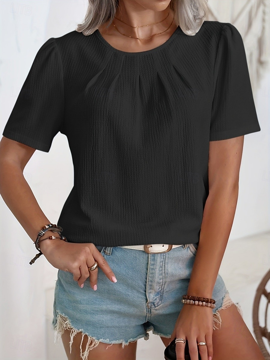 Női Póló Tee Top Fodrozott Tömör szín Divat Klasszikus Alkalmi Rövid ujjú Terített nyak Normál felsők Napi Alkalmi Hétvége Fekete Fehér Nyár Tavasz 2026 - $19.99 –P3