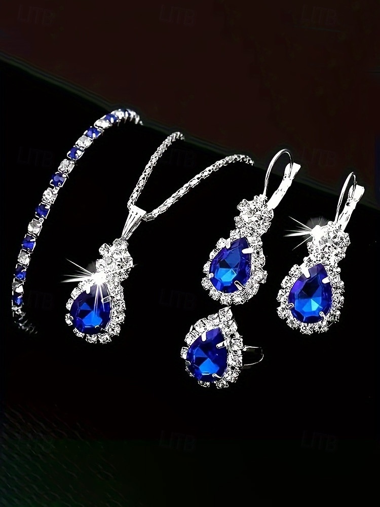 Naisten metalliseoskorusetti, "jotain sinistä" pisarakoru, korvakorut, sormus ja rannekoru, elegantti kimalteleva tyyli morsiamiin, häihin, cocktail-juhliin ja muodollisiin tilaisuuksiin 2026 - $9.99 –P4