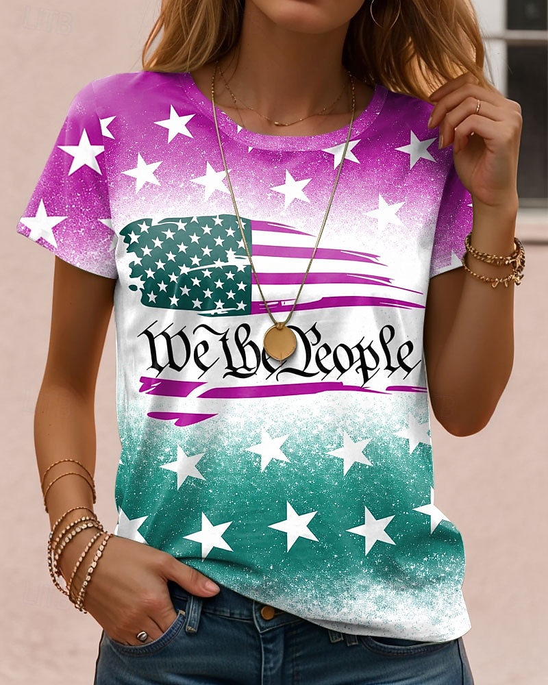 Onafhankelijkheidsdag Patriottische Dames T-shirt Grafische Vlag Letter Vintage Mode Stijlvol Korte Mouw Crew Neck Reguliere Tops Dagelijks Weekend Print Rood Paars Groen Khaki Zomer Lente Herfst 2026 - $22.99 –P3