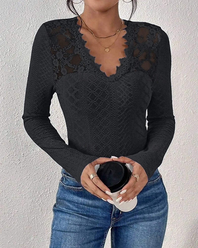 Dam Spets Splicing Top Spets Ögla Ensfärgat Elegant Mode Sexig Långärmad V-hals Vanliga toppar Dagligen Utekväll Helgen Blå Svart Vit Höst Vinter 2026 - $24.99 –P6
