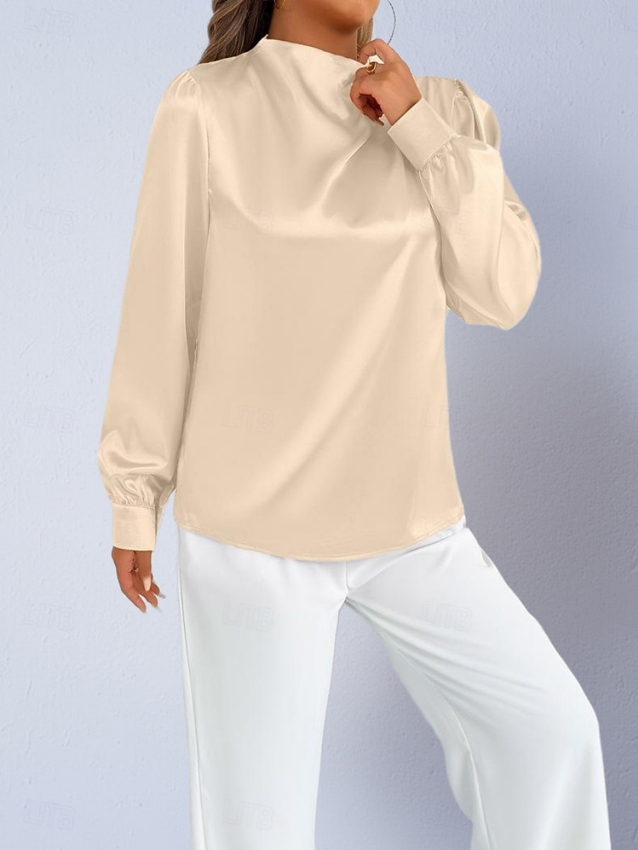 Dames Overhemd Satijnen overhemd Normaal shirt Met ruches Effen Stijlvol Basic Klassiek Lange mouw Hoge nek Normale tops Dagelijks Feestdagen Uitgaan Zwart Wit Wijn Rood Lente Herfst 2026 - $22.99 –P16