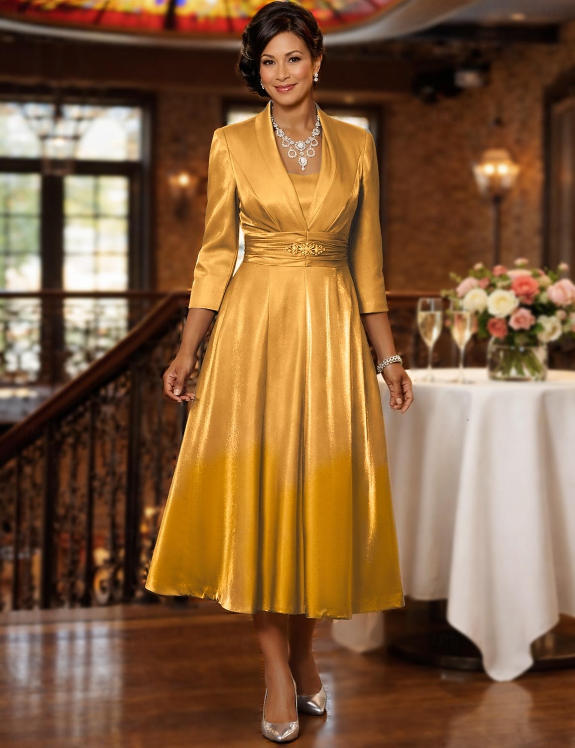 Duas Peças Linha A Longuette Vestido de convidada de casamento Vestido Para Mãe dos Noivos Manga 3/4 Decote Quadrado Elegante Vintage Tamanhos Grandes Convidado do casamento Vestidos de jaqueta com de 2026 por $172.99 –P7