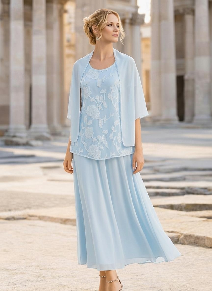 3 Piece Tea Length Midi Dress Mother of the Bride Dress Long Sleeve Scoop Neck Elegant Vintage Formal Wedding Guest Semi Formal Chiffon Jacquard Wrap Included with Cape Flower 2026 - $159.99 –P1