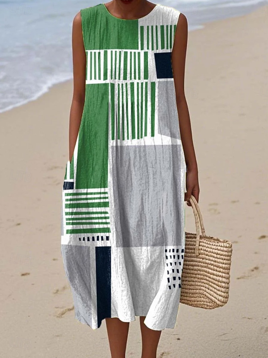 Γυναικείο Midi Φόρεμα Λινό Φορέμα Ήλιου Σαφάρι Φόρεμα Α-Γραμμή Φόρεμα Διακοπών Καθημερινό Μποχό Παραλία Βγαίνοντας Χαλαρή Εφαρμογή Γραφικά Γεωμετρικά Αμάνικο Crew Neck Μπλε Κόκκινο Καφέ Πράσινο 2026 - $16.49 –P6