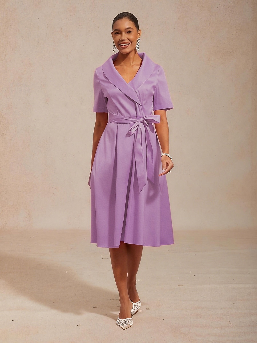 Women's Midi Dress A Line Dress Elegant Daily Wedding Guest Date Solid  Color Taffeta Short Sleeve V Neck Lavender Summer Spring Fall 2026 - $103.99