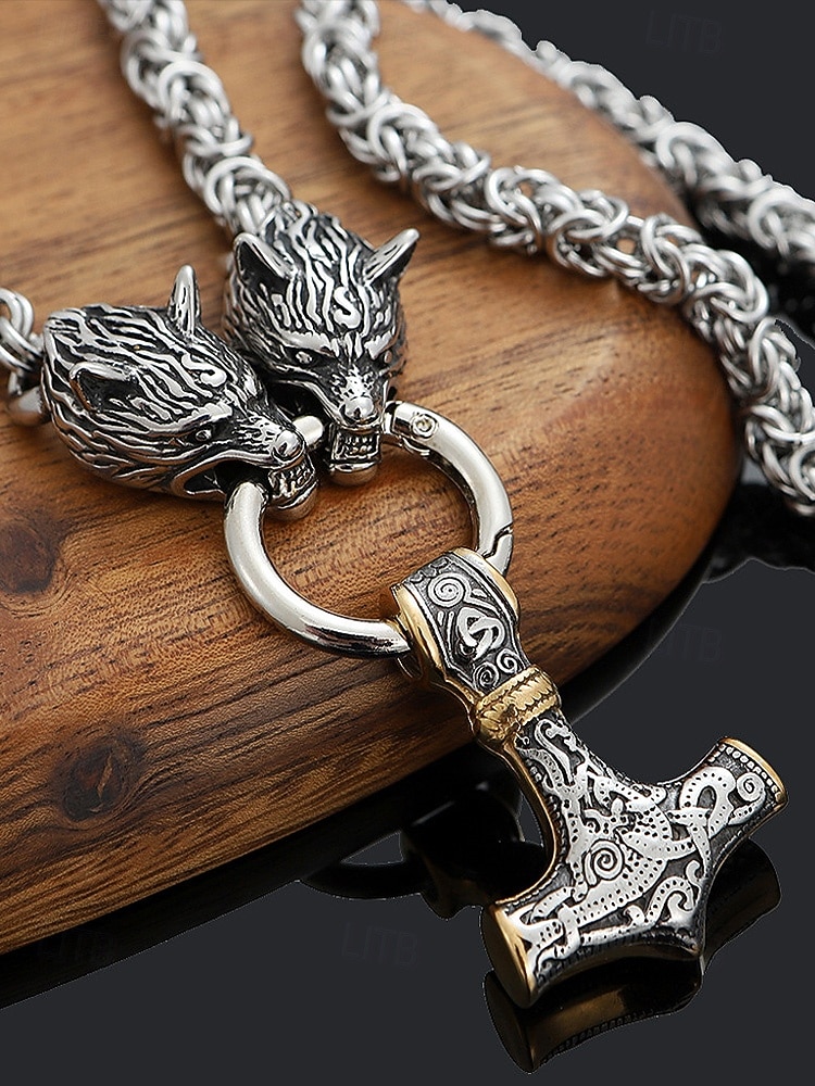 Miesten viikinkityylinen riipuskaulakoru, metalliseosta sudenpäällä ja Thorin vasaralla, ainutlaatuisia pohjoismaisia koruja arkeen ja juhlaan 2026 - $9.99 –P7