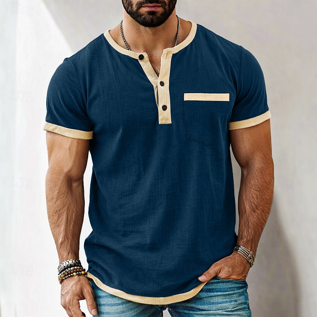 Heren T-shirt Henley-shirt T-shirts Shirt met korte mouwen Korte mouw Henley Zomer Lente Lente zomer Kleurenblok Effen Modieus Ontwerper Basic Zak Vakantie Straat Uitgaan Zwart Blauw Blozend Roze Top 2026 - $21.99 –P12