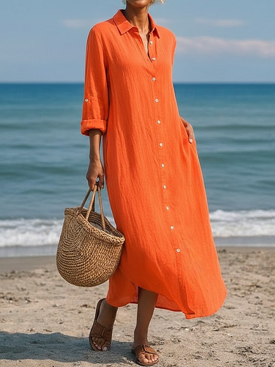 שמלת מקסי לנשים מכותנה ופשתן שמלת שינוי קזואלית יומית רחבה פשוטה עם שרוולים ארוכים צווארון כחול שחור לבן ירוק בהיר קיץ אביב סתיו 2026 - $41.99 –P2