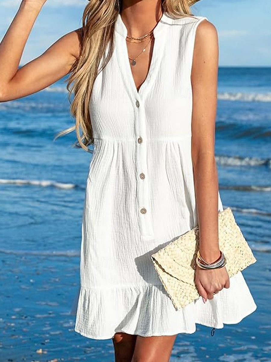 Damskie Sukienka mini Biała sukienka sukienka plażowa Cover Up Elegancja Zabytkowe Moda Codzienny Na zewnątrz Plaża Luźna Równina Bez rękawów W serek Biały Lato Wiosna 2026 - $32.99 –P3