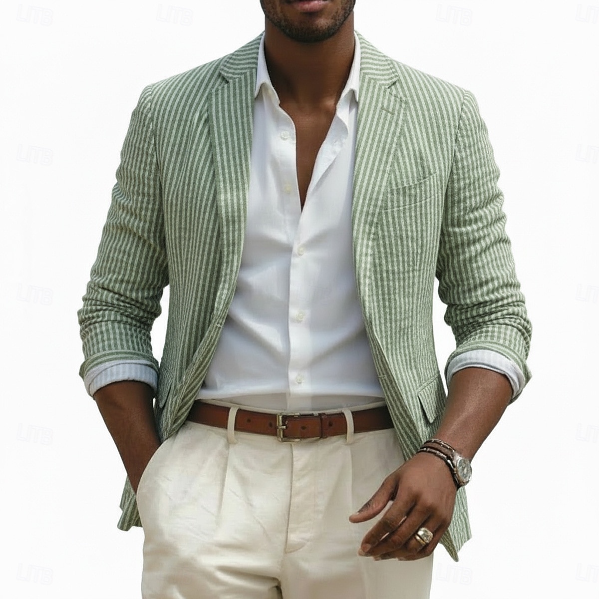 Chaqueta blazer para hombre, de seersucker, con cuello de muesca, ligera, informal, a rayas, en amarillo, rosa, azul cielo, corte entallado, botonadura sencilla, dos botones. 2026 - ZAR R1261 –P4