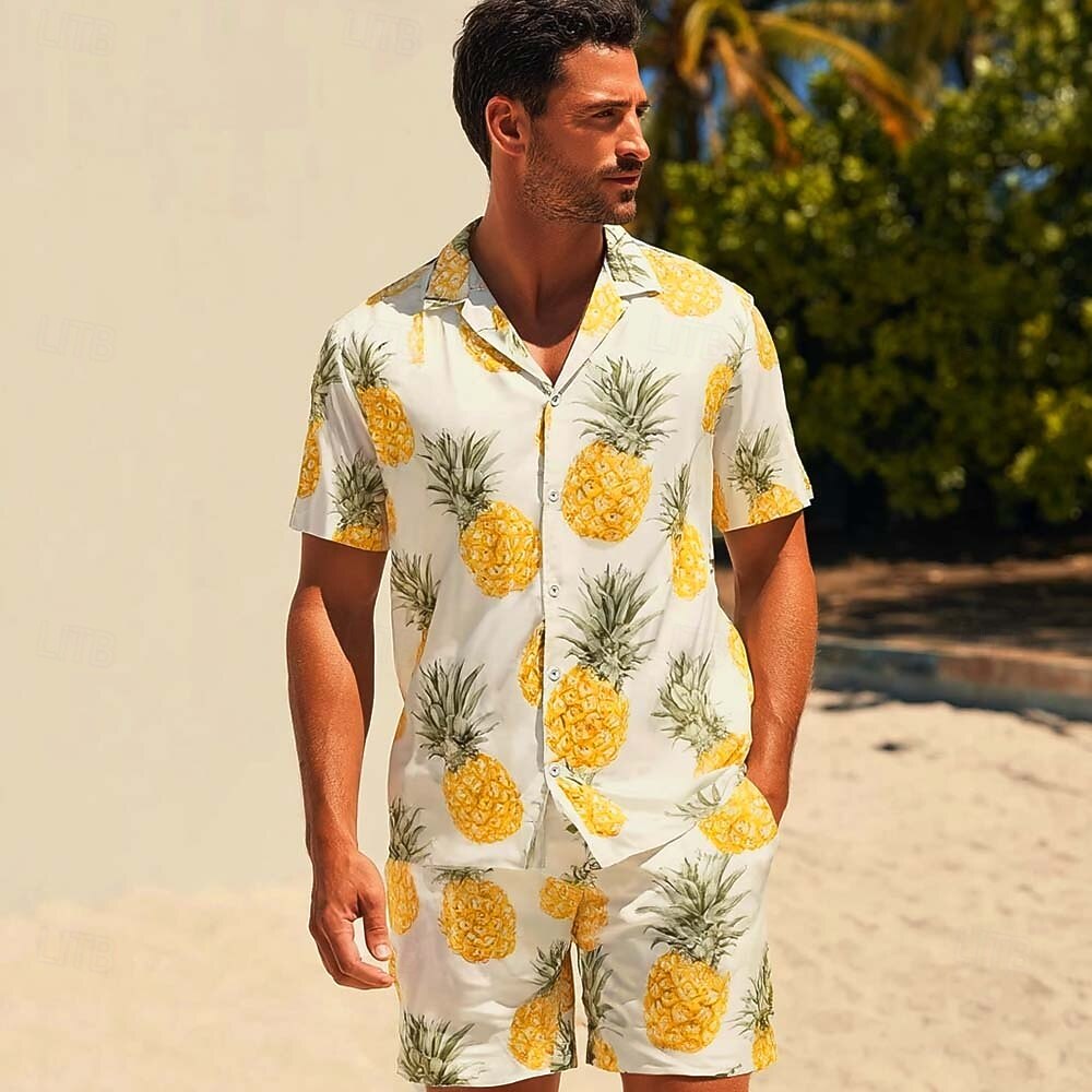 Муж. Фрукты 2шт Комплекты рубашек Рубашка С короткими рукавами Короткие штаны кубинский воротник Отпуск Повседневные Для вечеринок 3D печать Лето Желтый 2026 - $40.99 –P2