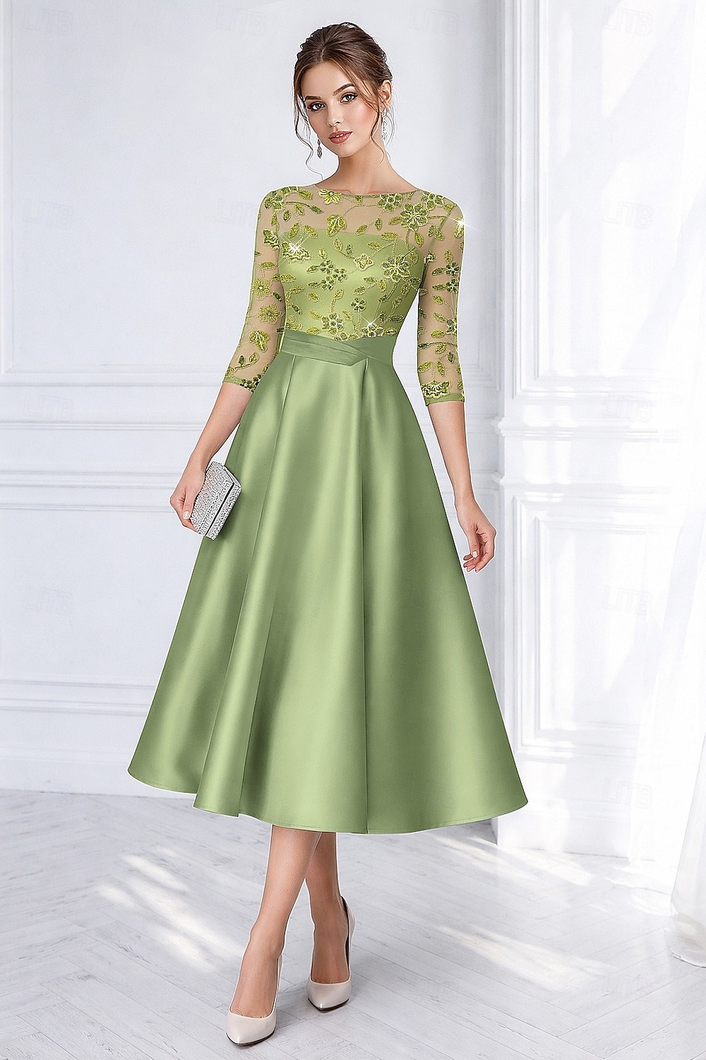 Linea ad A Lunghezza Tè Perline ricamate Abito Formale Abito da madre della sposa Abiti da Cocktail Abiti per invitati a matrimoni Elegante Pastello Manica 3/4 Scollo a Barca Formale Cocktail party del 2026 a $197.99 –P4