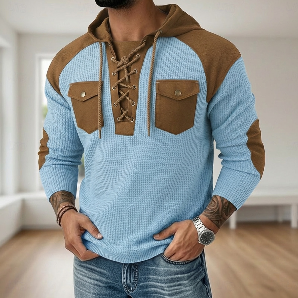 Hombre Camiseta con diseño de gofre Camiseta Camisa henley gofrada Manga Larga Con Capucha cuello con cordones Otoño invierno Primavera & Otoño Retazos Tradicional / Retro Casual Correa Casual Hogar 2026 - $26.99 –P9