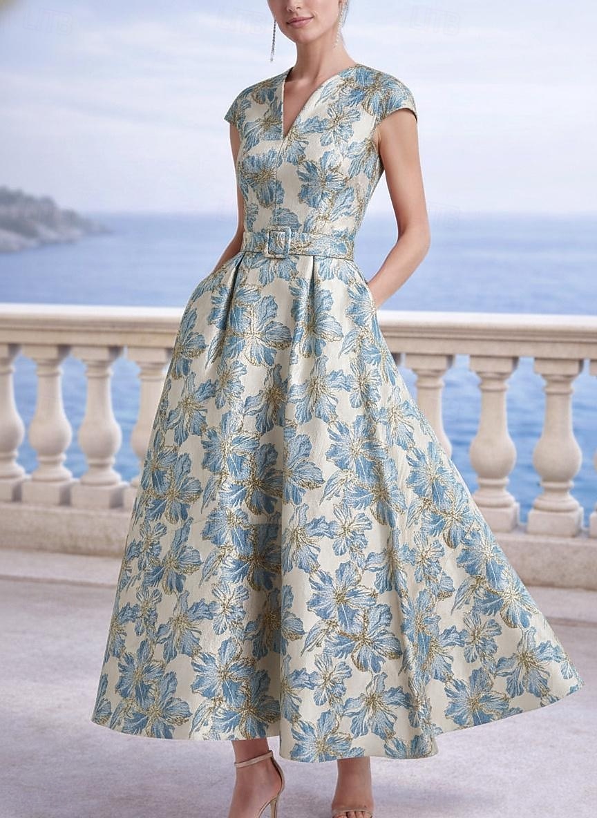 A-الخط طول الكعب فساتين متنوعه أنيق زهري كم قصير V رقبة حفلة في الحديقة زفاف جيبة قماش الجاكار مع طباعة الأزهار طيات جيبة 2026 - $152.99 –P2