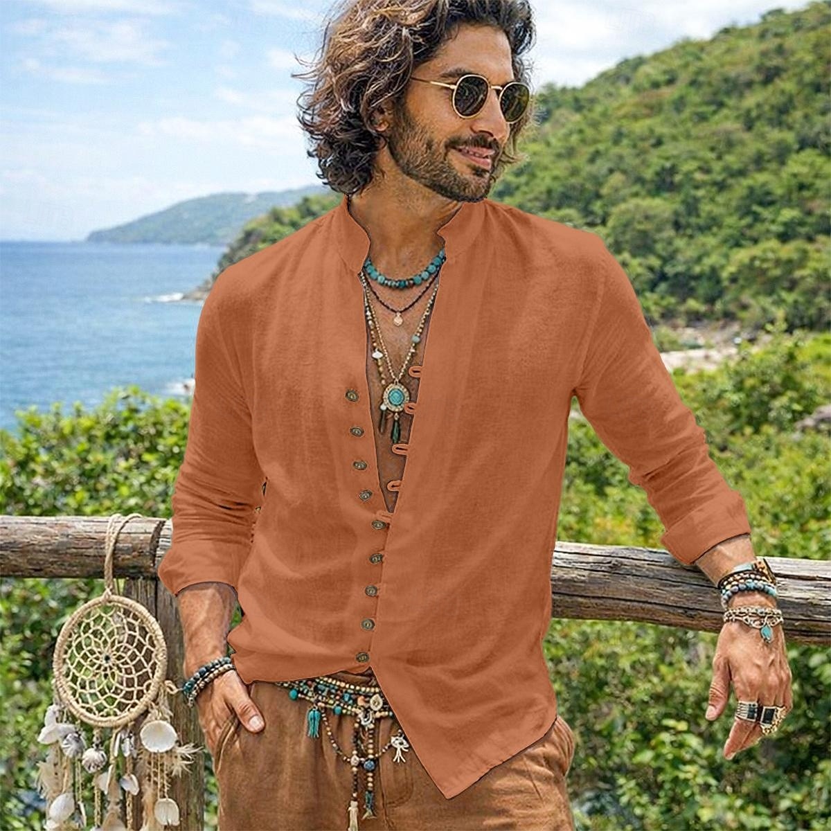 herrskjorta linneskjorta sommarskjorta vardagskjorta bohemskjorta enfärgad vardaglig blå svart vit rosa långärmad mandarinkrage sommar vår &höstkläder 2026 - $25.99 –P7