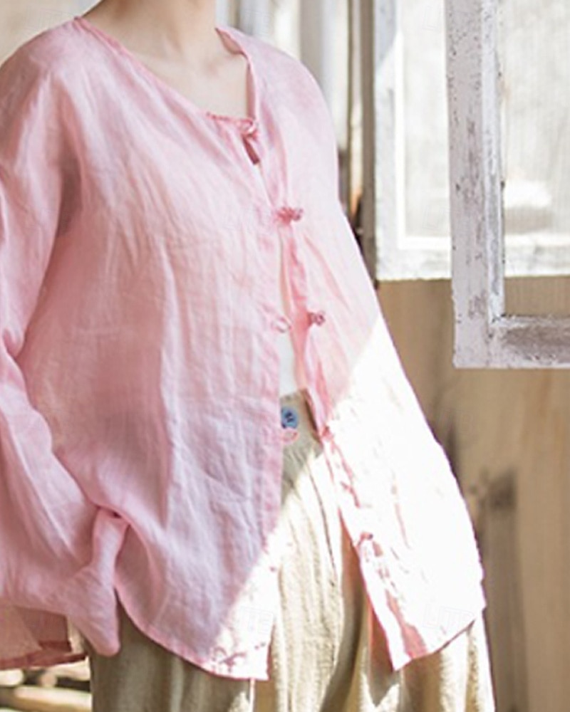 Camisa feminina 100% linho, blusa com botões, lisa, estilo vintage, manga longa, gola redonda, tops regulares para uso diário, férias, sair, nas cores preto, rosa, vermelho e verde, para verão e primavera. de 2026 por $45.99 –P1