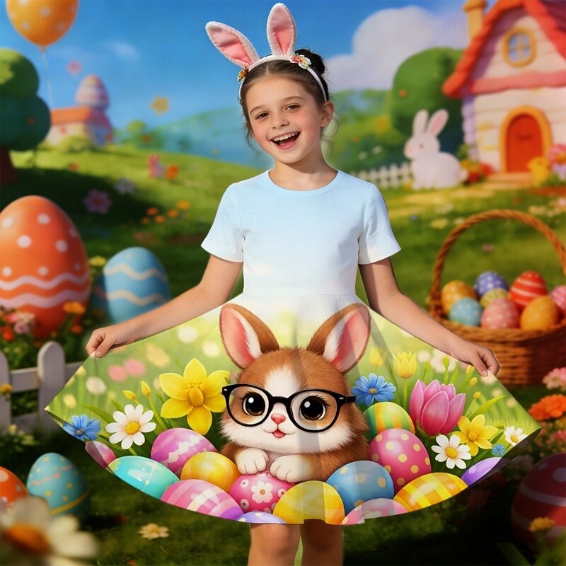 Semana Santa Girls ' 3D Graphic Conejo Vestido Manga Corta Impresión 3D Verano Primavera Diario Vacaciones Fiesta Estilo lindo Básico Casual Niños 4-12 años Vestido informal Vestido de una línea 2026 - $19.99 –P3