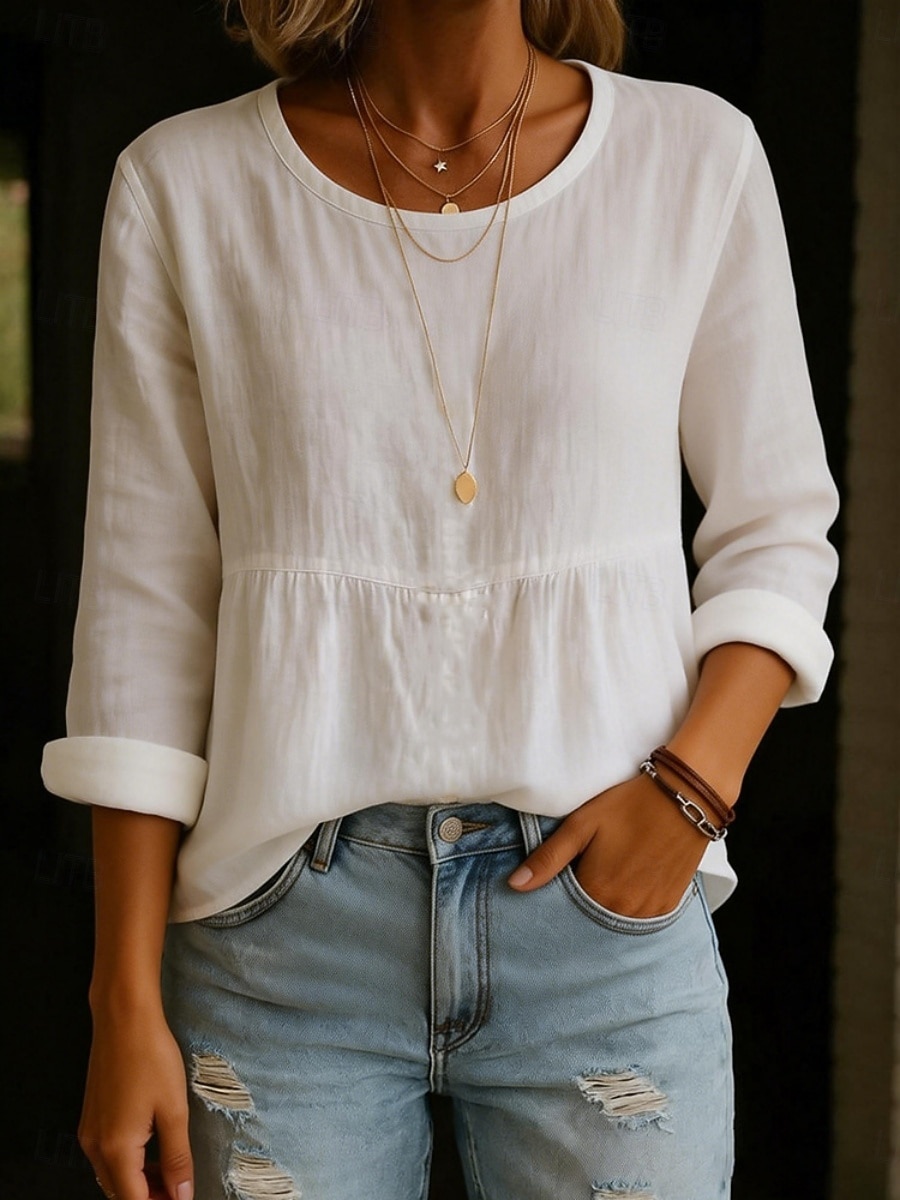 Mulheres Camisas com toque de linho Blusa Franzido Côr Sólida à moda Casual Manga Longa Gola Redonda Tops regulares Diário Azul Branco Verde Claro Rosa Verde Verão Primavera Outono de 2026 por $21.99 –P2