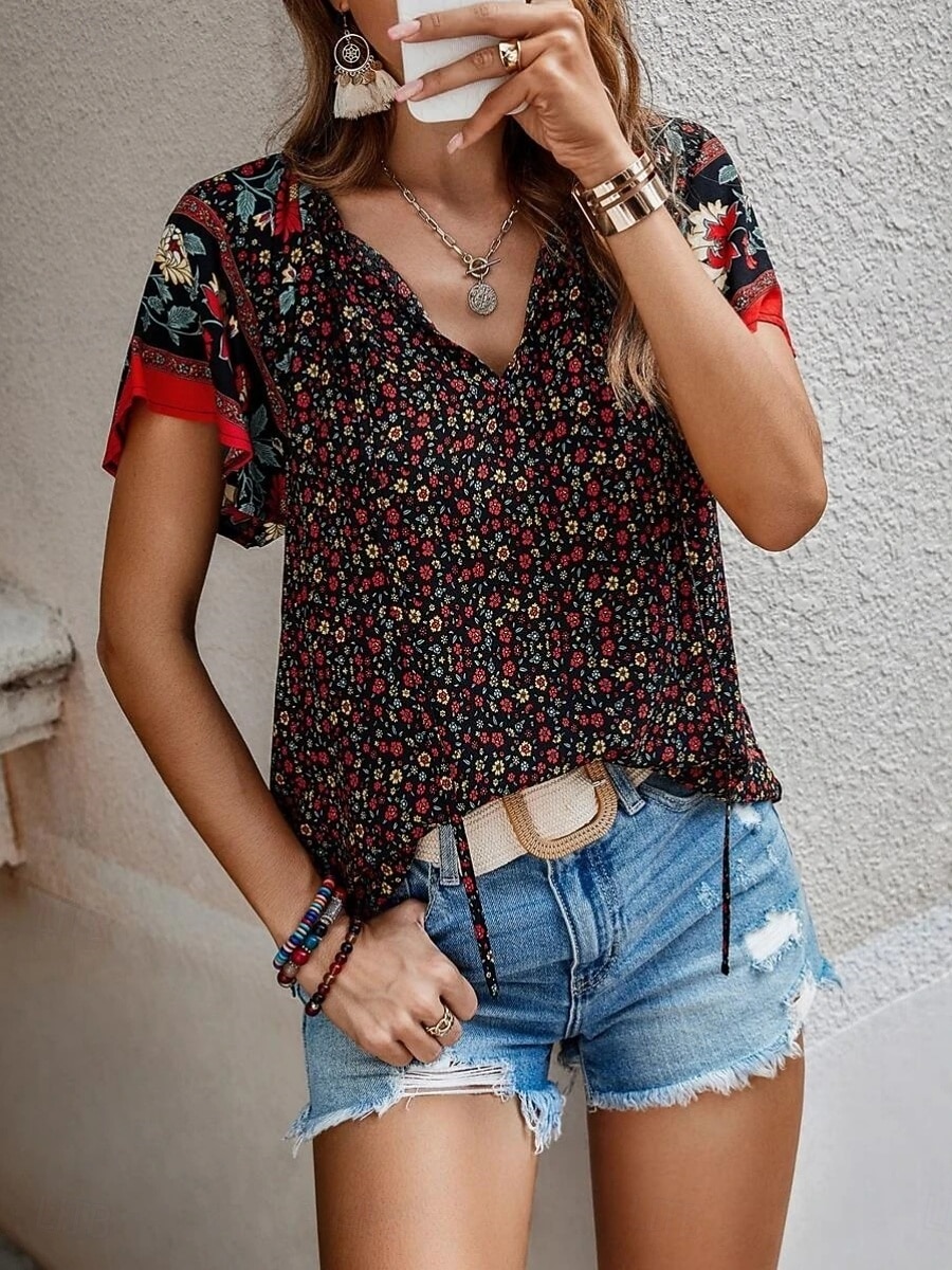 Damen Bluse Druck Blumen Bohemien Vintage Lässig Kurzarm V Ausschnitt Normale Oberteile Täglich Ferien Ausgehen Blau Rote Braun Aprikose Sommer Frühling 2026 - $27.99 –P14