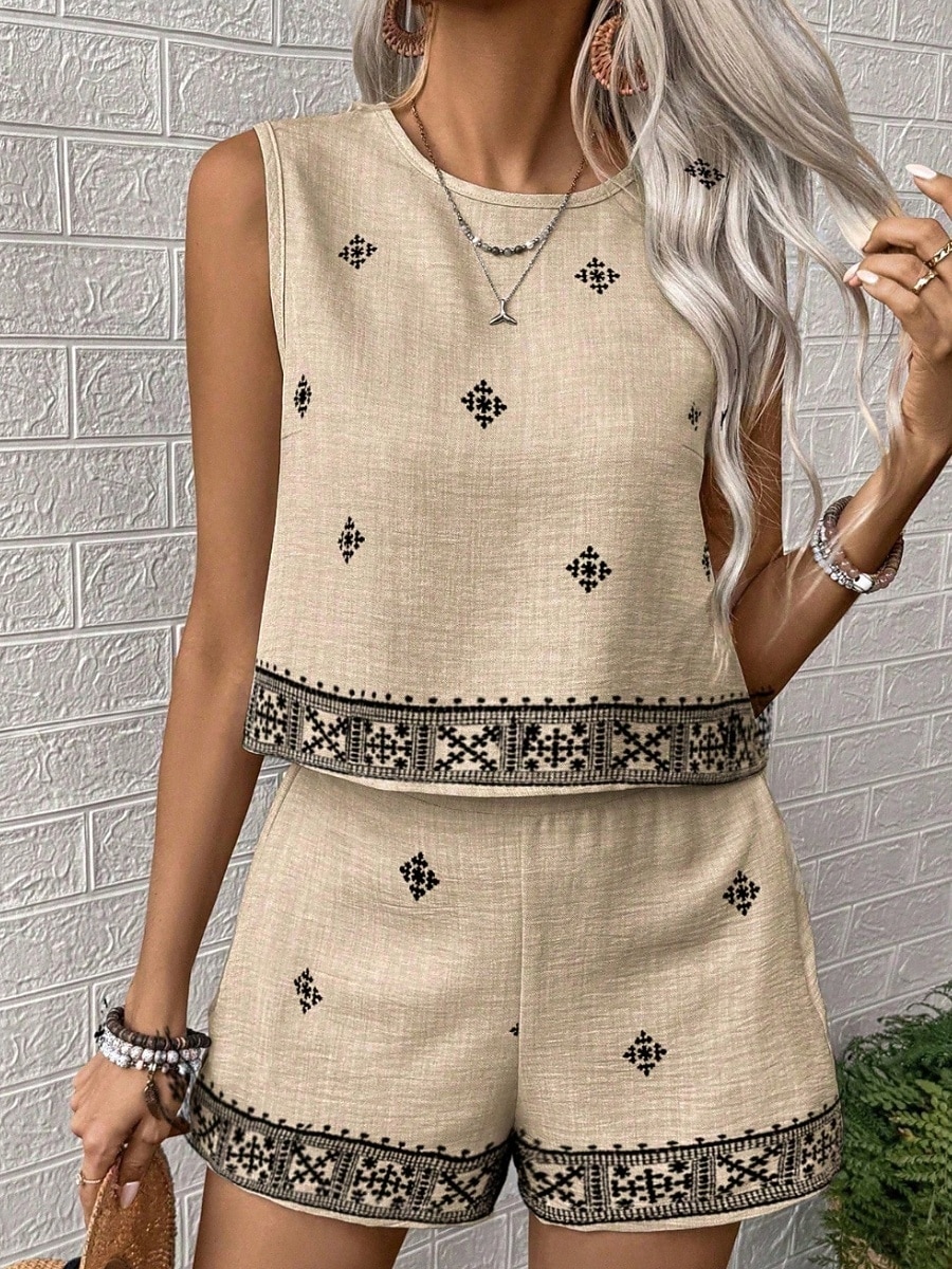Femmes Ensemble effet lin Ensembles de Shorts Sans manches Col ras du cou Géométrique Imprimé Élégant Mode Streetwear Occasionnel Quotidien Extérieur Bleu Kaki Vert Été Coupe régulière de 2026 ? $41.99 –P8