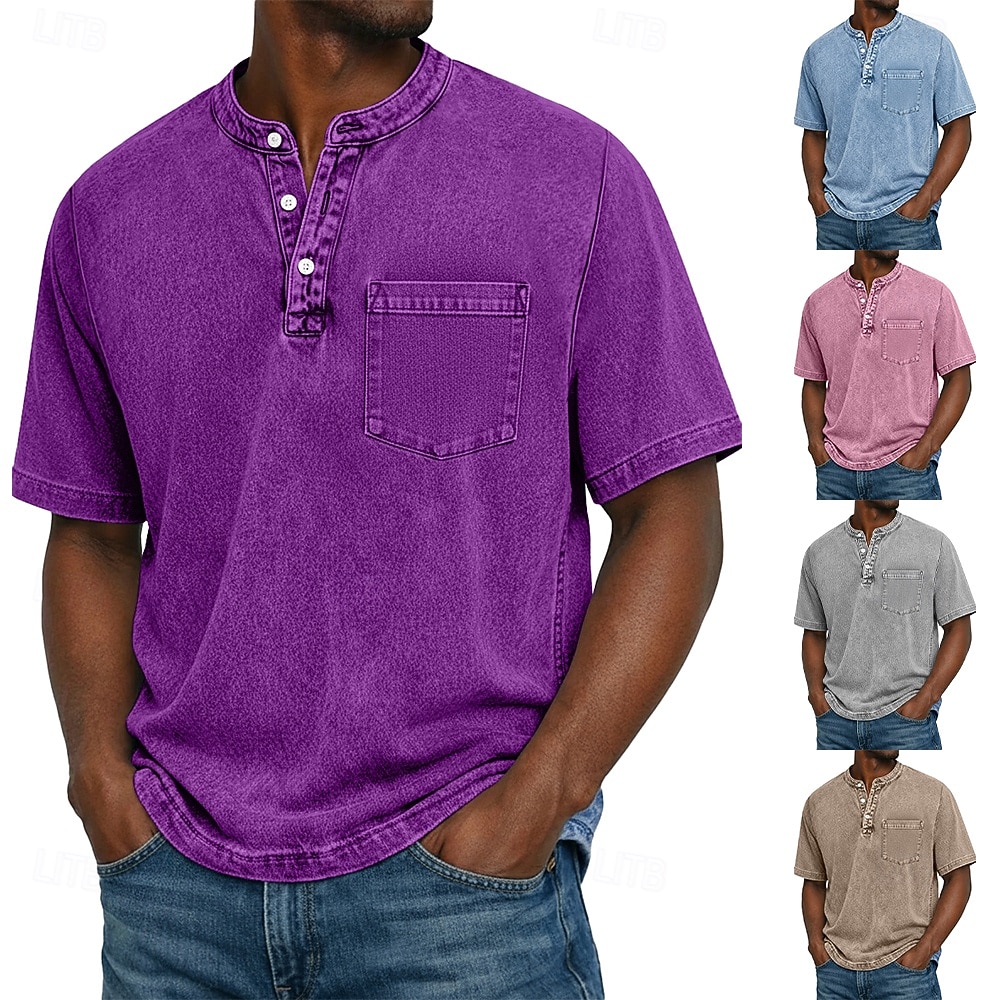 Herre Henly-skjorte 100% bomullssyre-vaskeskjorte T-skjorte T-skjorte Kortermet Ensfarget Retro / vintage Fritid Lomme Gammeldags stil Vasket Henley Avslappet Sommer Vår Høst Svart Rosa Lysegrønn 2026 - $31.99 –P1