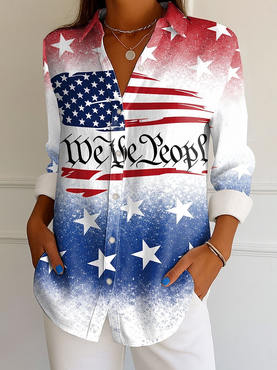 Unabhängigkeitstag Patriotisches Damen Hemd Bluse Grafik Flagge Vintage Alltag Stylisch Langarm Hemd Kragen Reguläre Oberteile Alltag Druck Gelb Rot Lila Grün Frühling Herbst Winter 2026 - $32.99 –P1