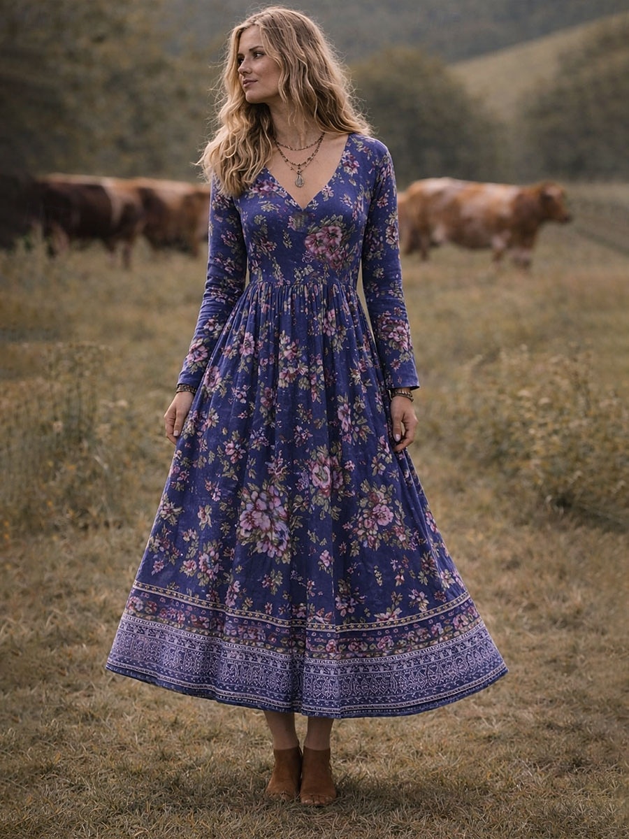 Vestido Midi Boho para Mujer Vestido Corte A Fiesta Casual Cita Ajuste Regular Gráfica Floral de Manga Larga Cuello en V Rojo Púrpura Naranja Verde Verano Primavera Otoño 2026 - $41.99 –P3