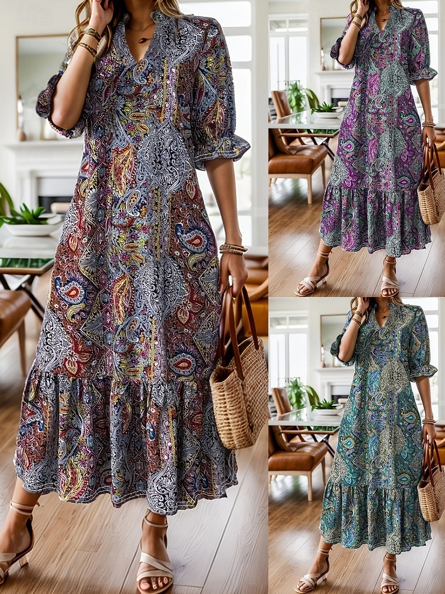 Women's Midi Dress Floral Dress Print Dress Fashion Modern Outdoor Vacation Going out Loose Fit Floral Half Sleeve V Neck Teal Red Purple Summer Spring 2026 - $27.99 –P1